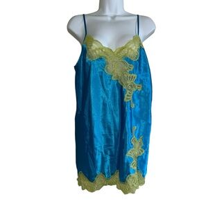 Y2k Satin Cami Sheer Lace Trim Blue Teal